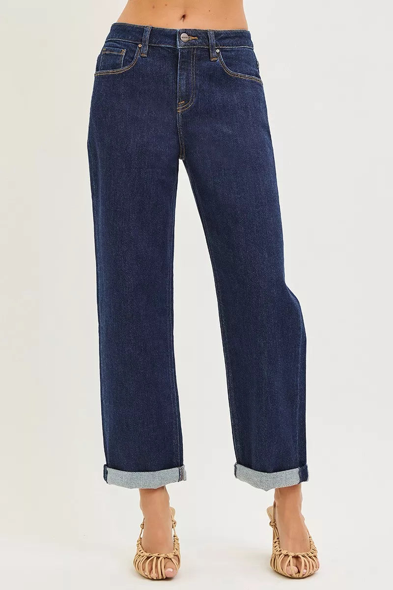 Mid Rise Straight Leg Rolled Cuff Cropped Boyfriend Jeans