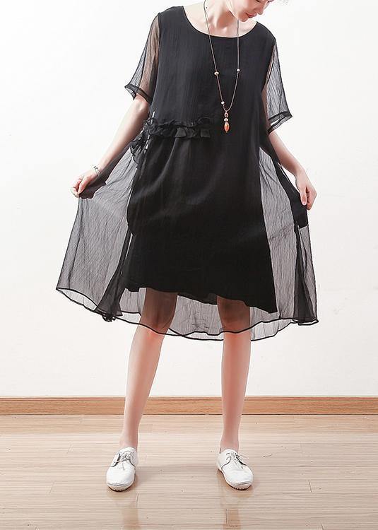 Sheer Overlay Crew Neck Short Sleeve Tie Waist Shift Midi Dress