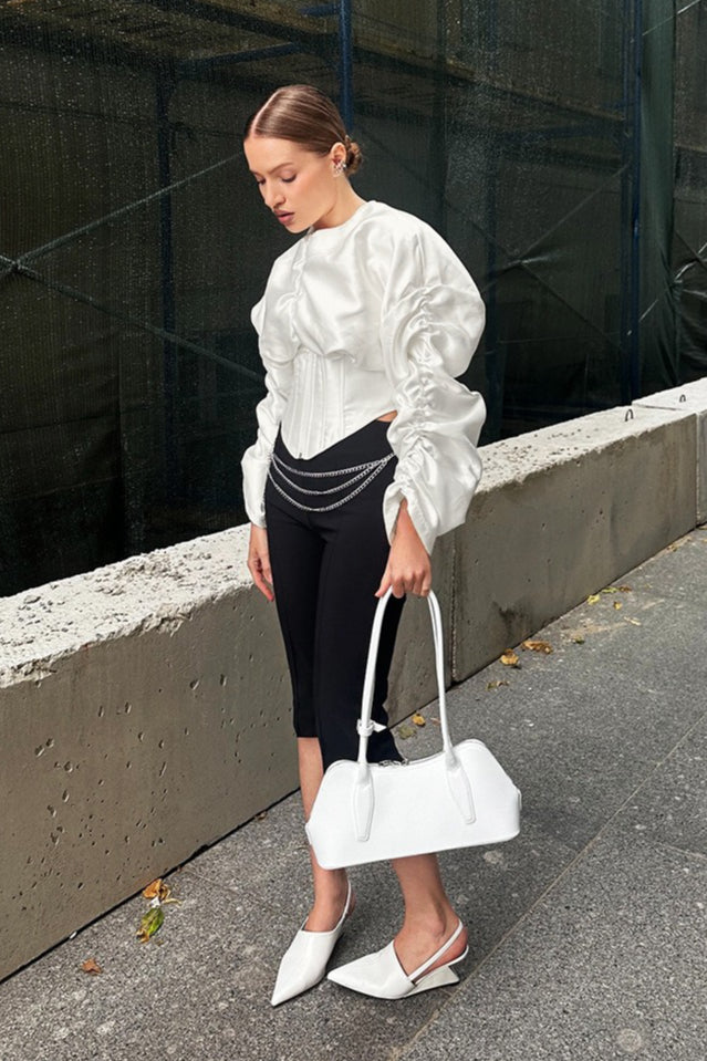 Ruched Round Neck Long Sleeve Blouse