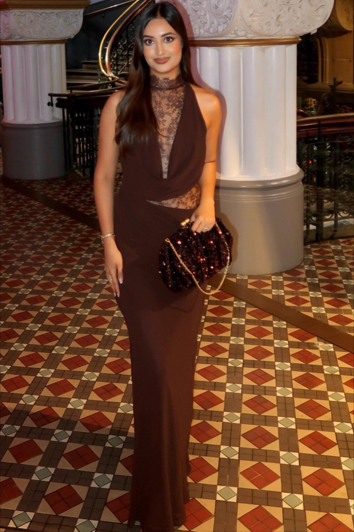 Halter Neck Lace Cut Out Backless Bias Cut Maxi Dress