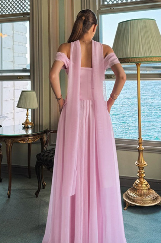 Off-the-Shoulder Sheer Mesh Satin Dress