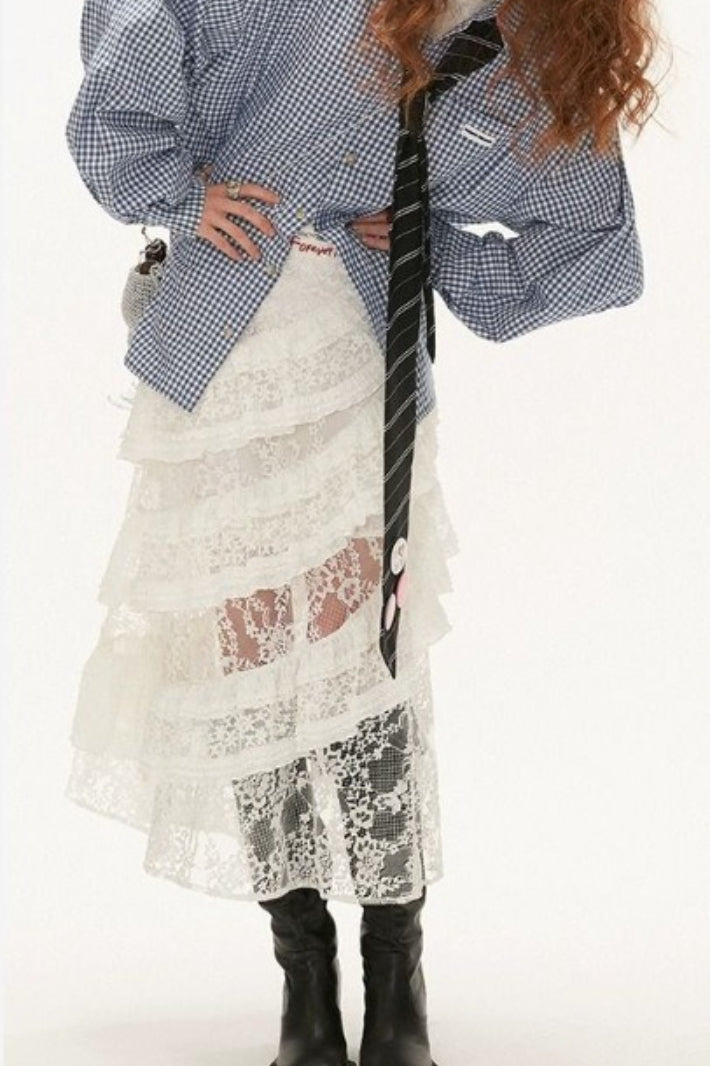Sheer Floral Lace Tiered Ruffle Asymmetric Midi Skirt 2