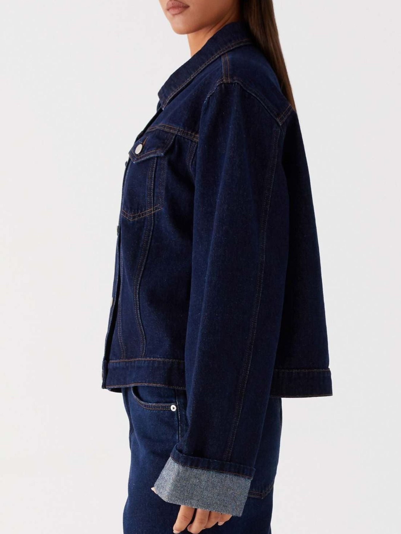 Button Down Cropped Oversized Denim Jacket