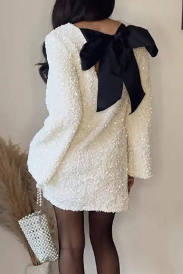 Mia Exclusive Long Sleeve Party Dress with Sequins and Bow At the Back Chic Silhouette Collection
