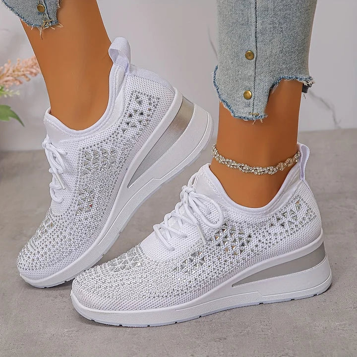 Rhinestone Mesh Lace Up Wedge Sneakers