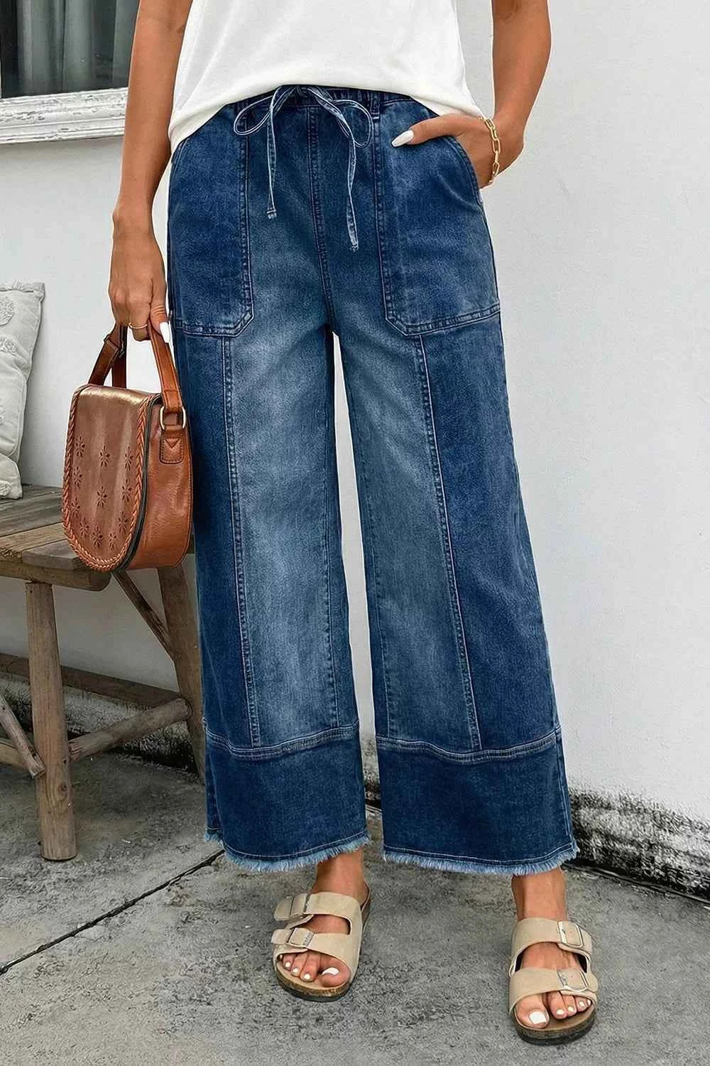 Drawstring Seam Detail Raw Hem Wide Leg Denim Pants