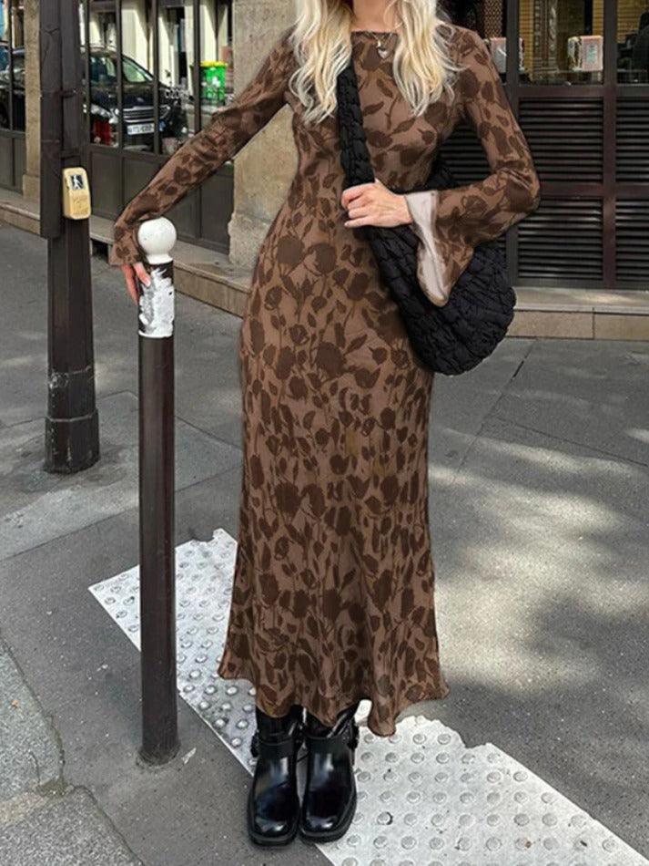 Brown Signature Print Trumpet Sleeve Maxi Dress