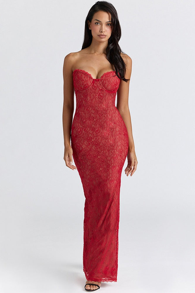 Lace Strapless Corset Bodycon Maxi Dress
