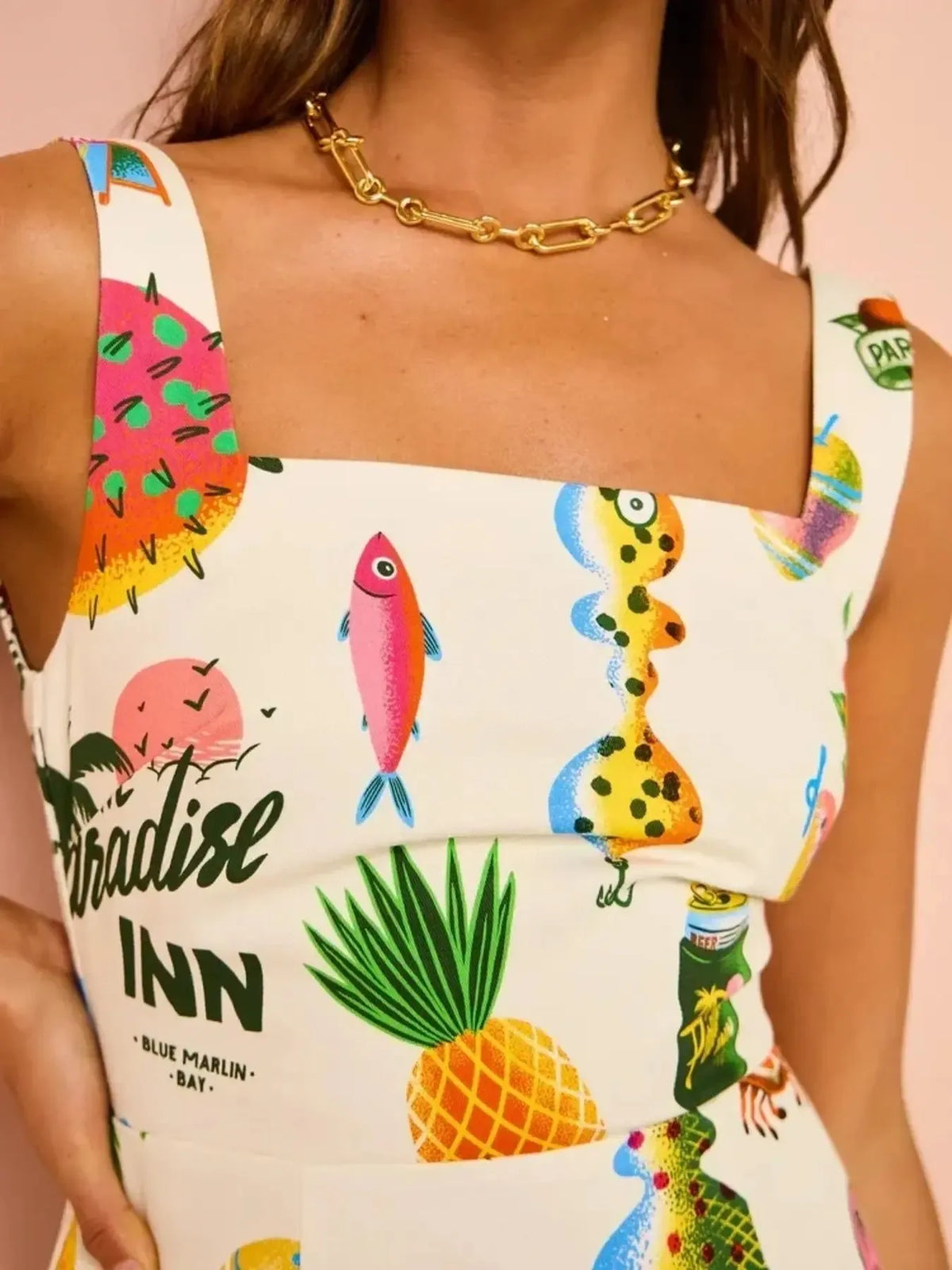 Tropical Novelty Print Square Neck Wide Strap A-Line Mini Dress 3