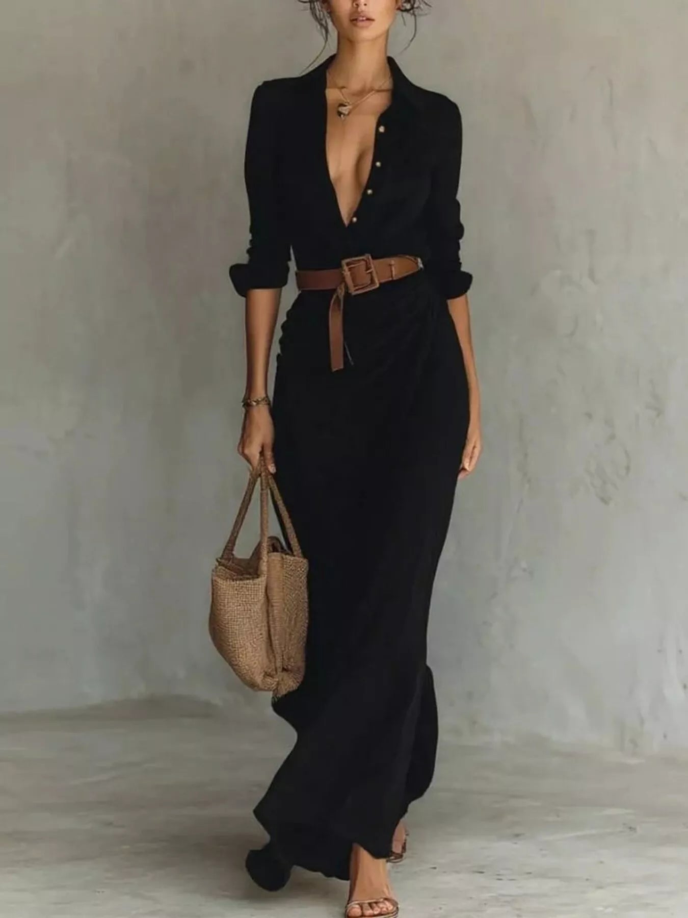 Full Size Ruched Long Sleeve Maxi Dress Plus Size Black