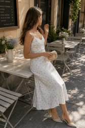 V Neck Satin Floral Print Long Slip Dress