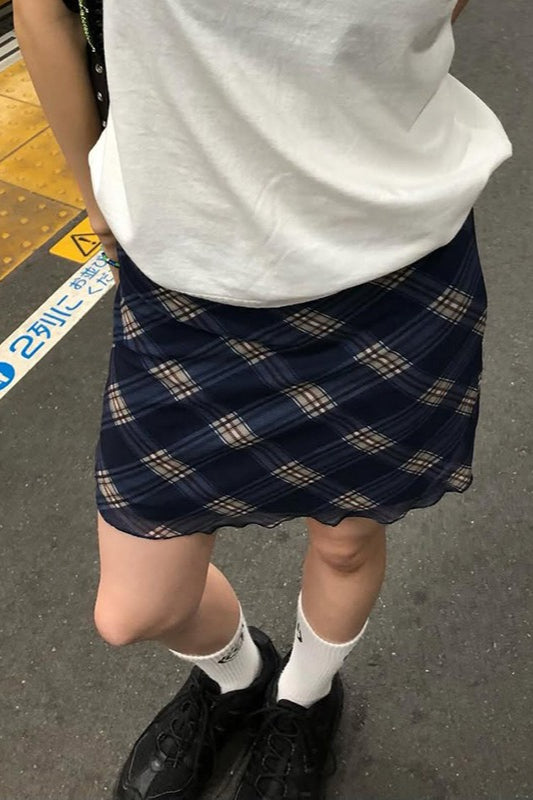 Plaid Mesh Overlay Lettuce Hem A-Line Mini Skirt 3