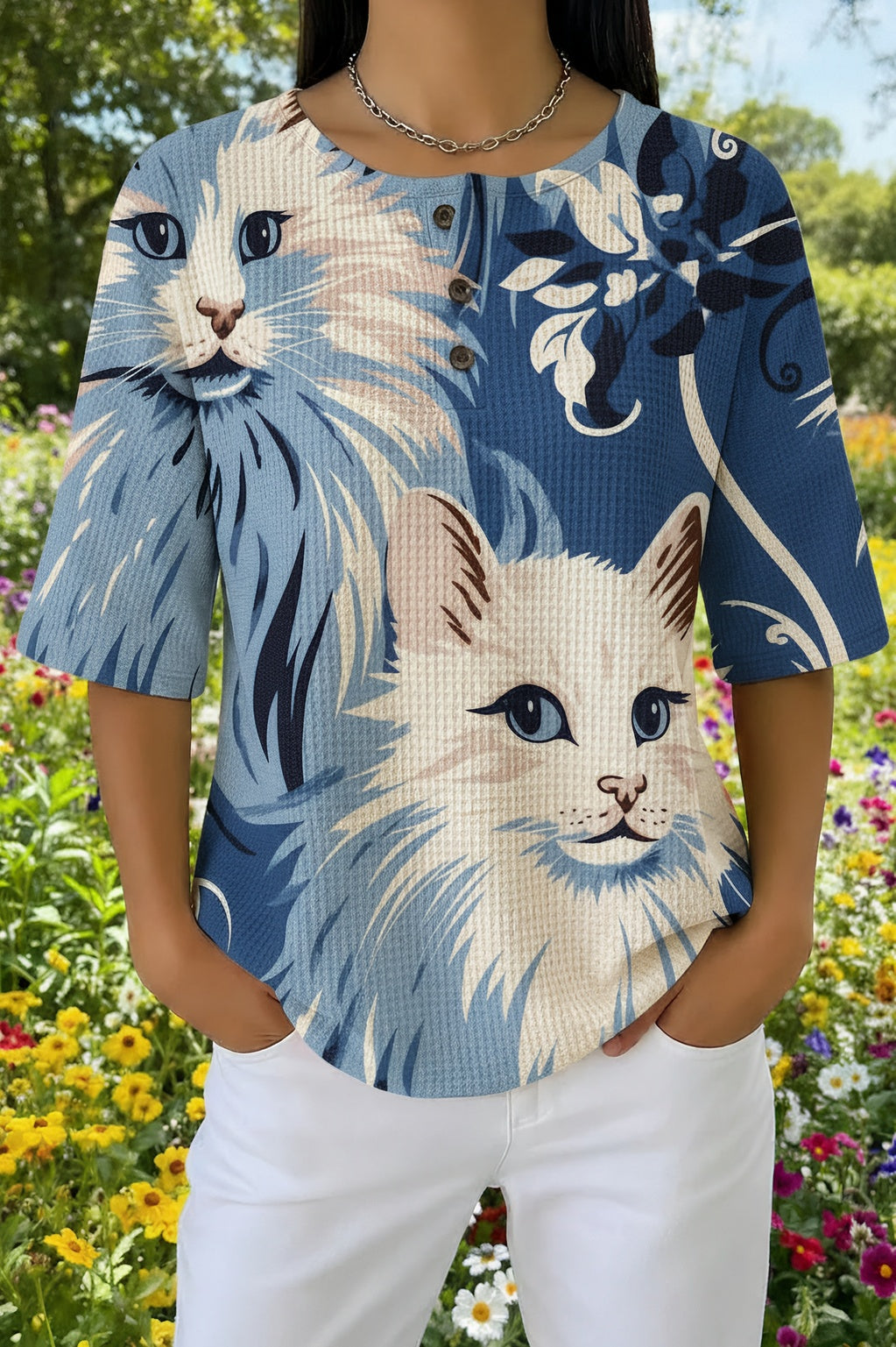 Womens Blue Floral White Cat Print Casual Shirt