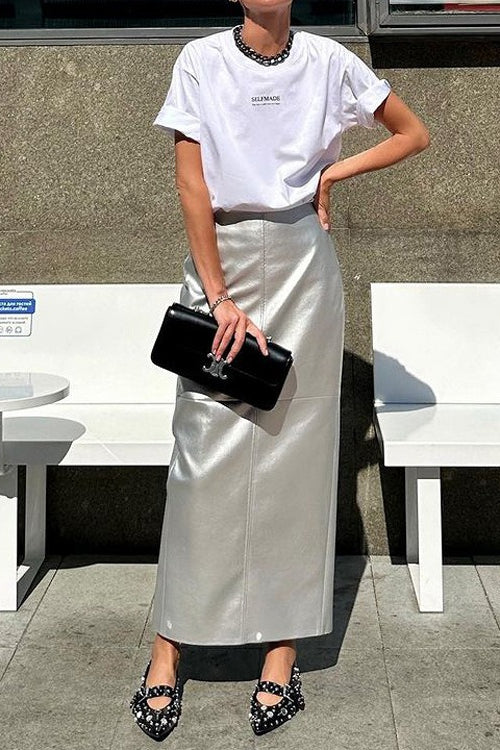 Metallic PU Leather Panel Bodycon Skirt