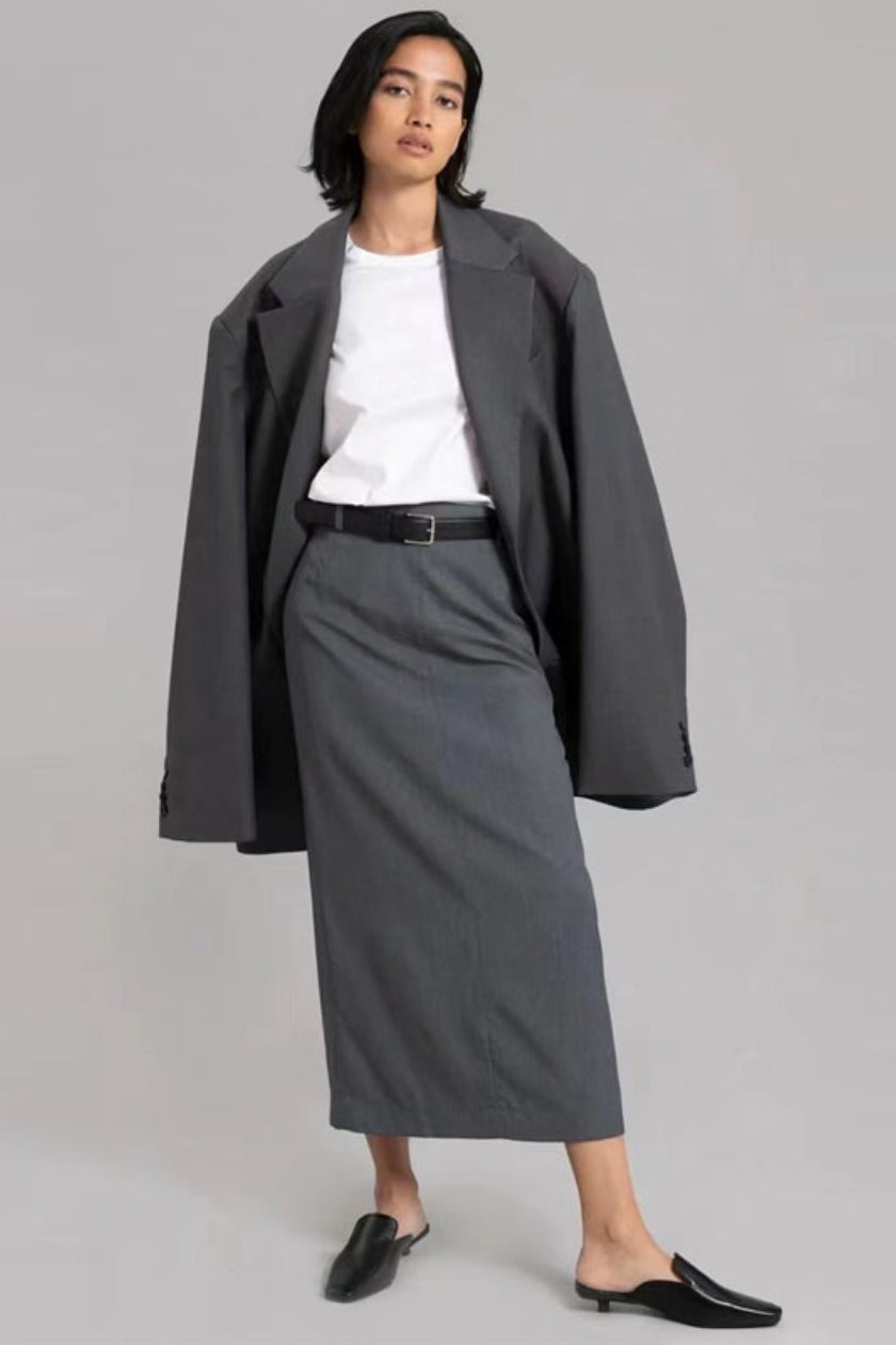 Wool Blazer Back Slit Midi Skirt