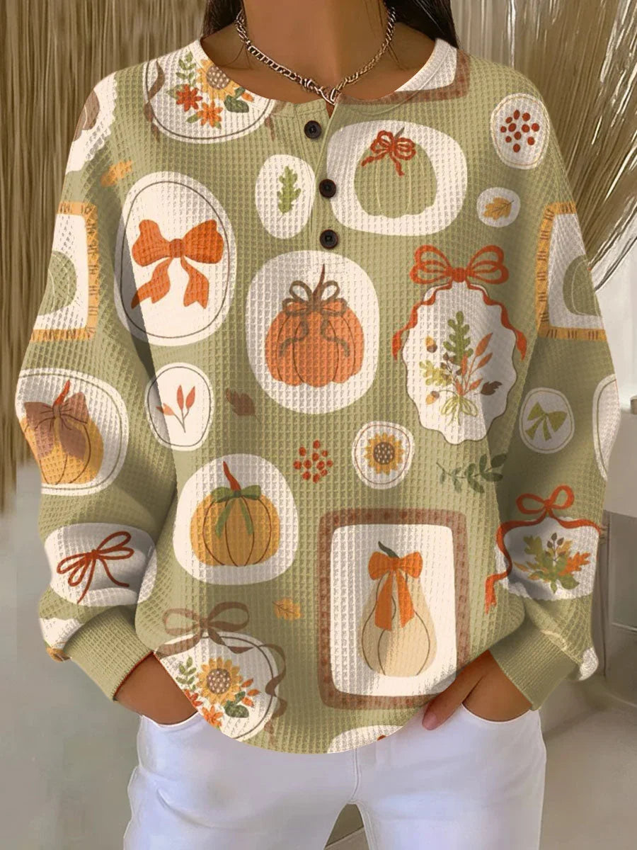 Maple Leaf Print Waffle Knit Button Henley Sweatshirt