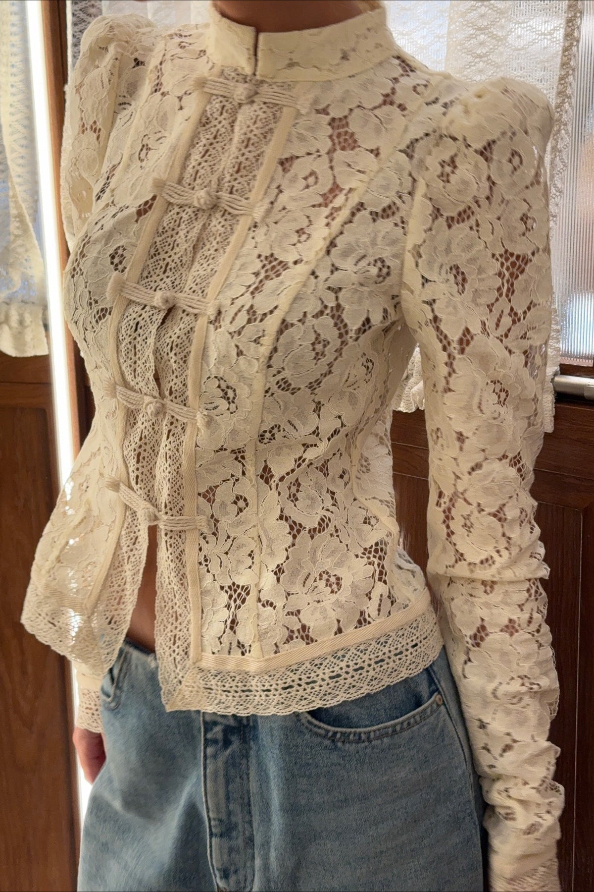 Sheer Lace Long Sleeve Blouse