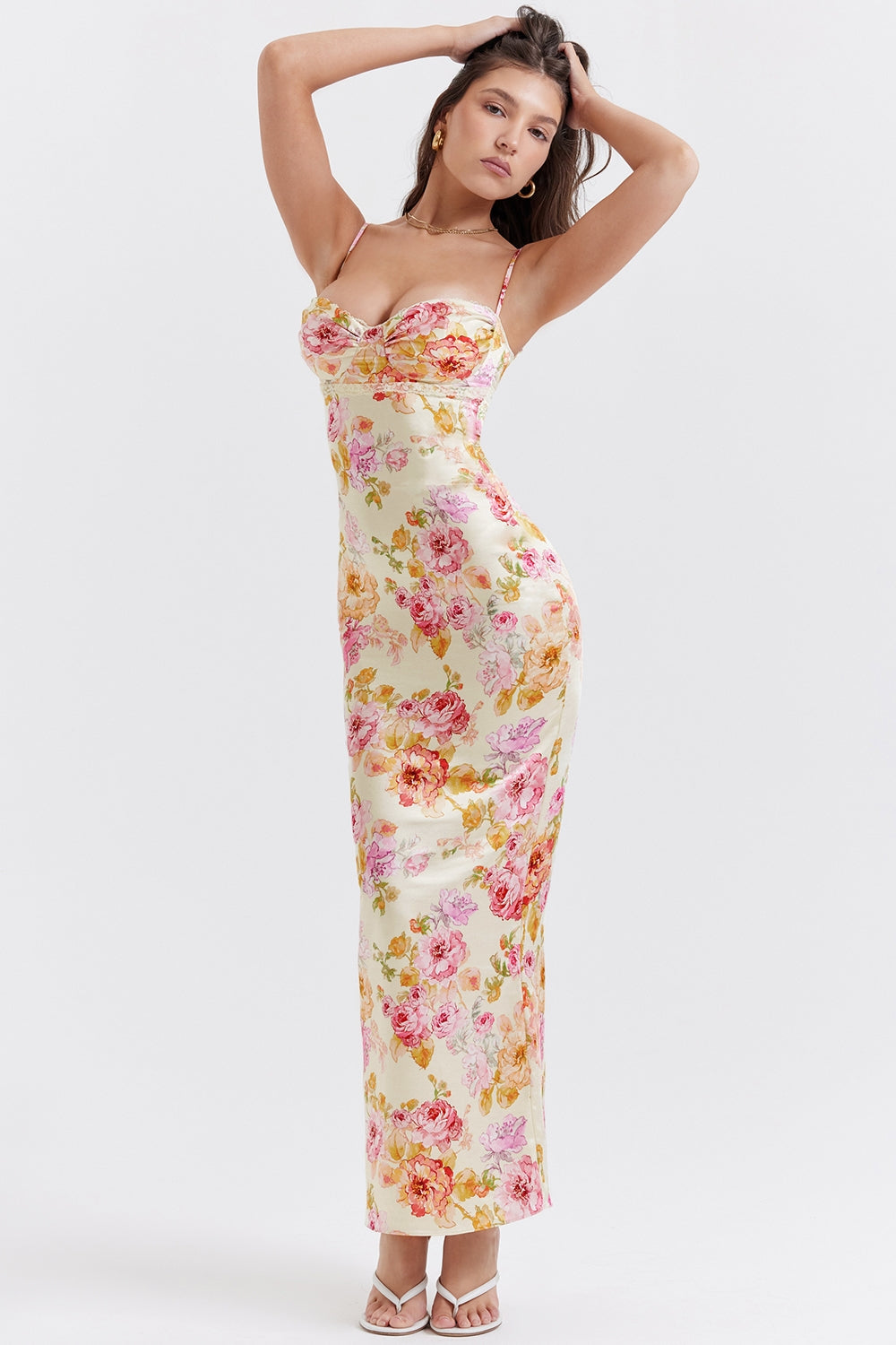 Floral Satin Sweetheart Ruched Bust Spaghetti Strap Maxi Dress 5