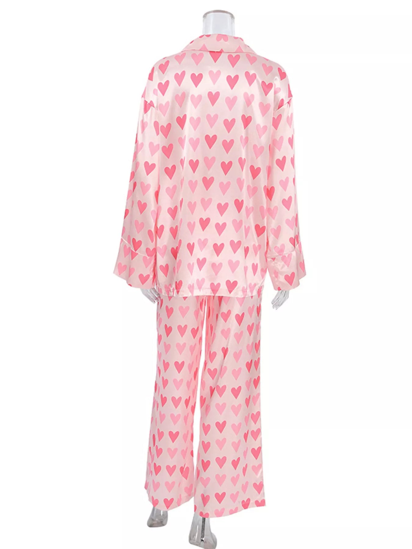 Heart Print Button Up Top and Pants Lounge Set