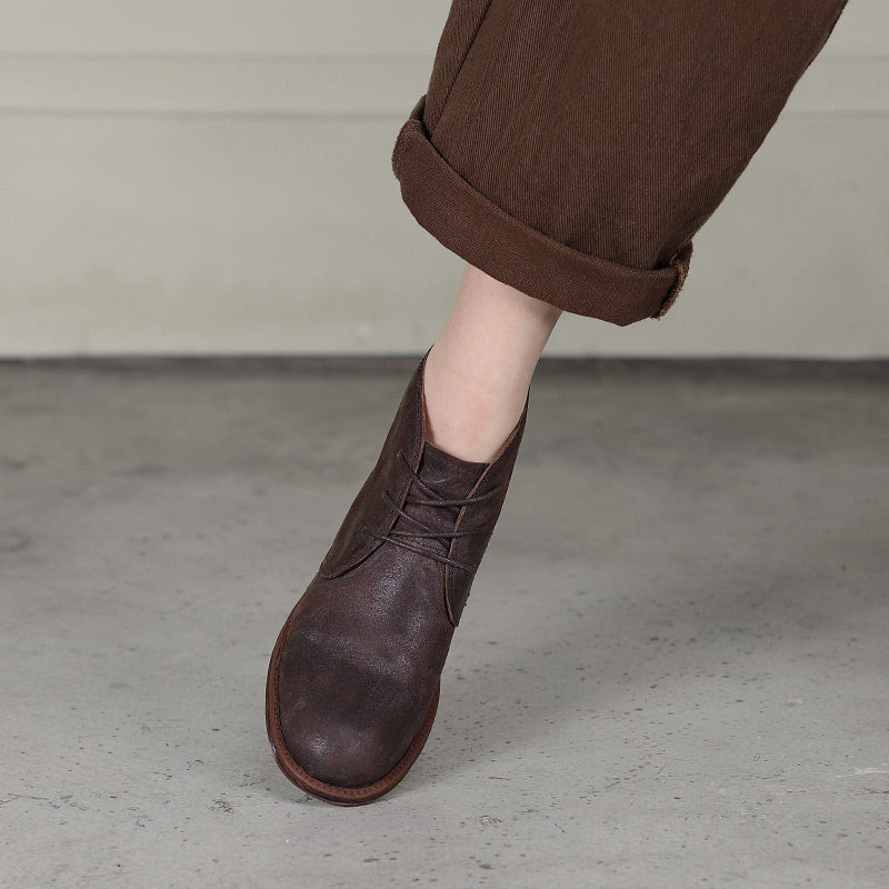 Oxfords For Women Lace Up Flat Sole Ankle Boots Handmade Matte Leather Boots Coffee/Brown