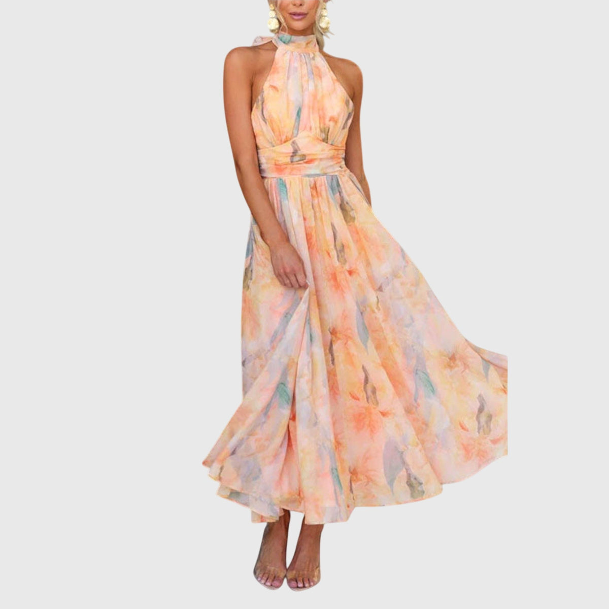Watercolor Floral Halter Neck Sleeveless Maxi Dress