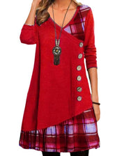 Plaid Patchwork V-Neck Long Sleeve Button Front Tunic Dress 2