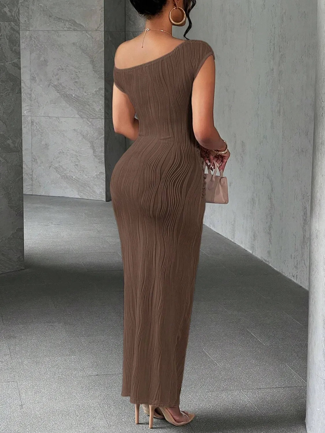 Textured One Shoulder Cap Sleeve Ruched Bodycon Maxi Dress 11
