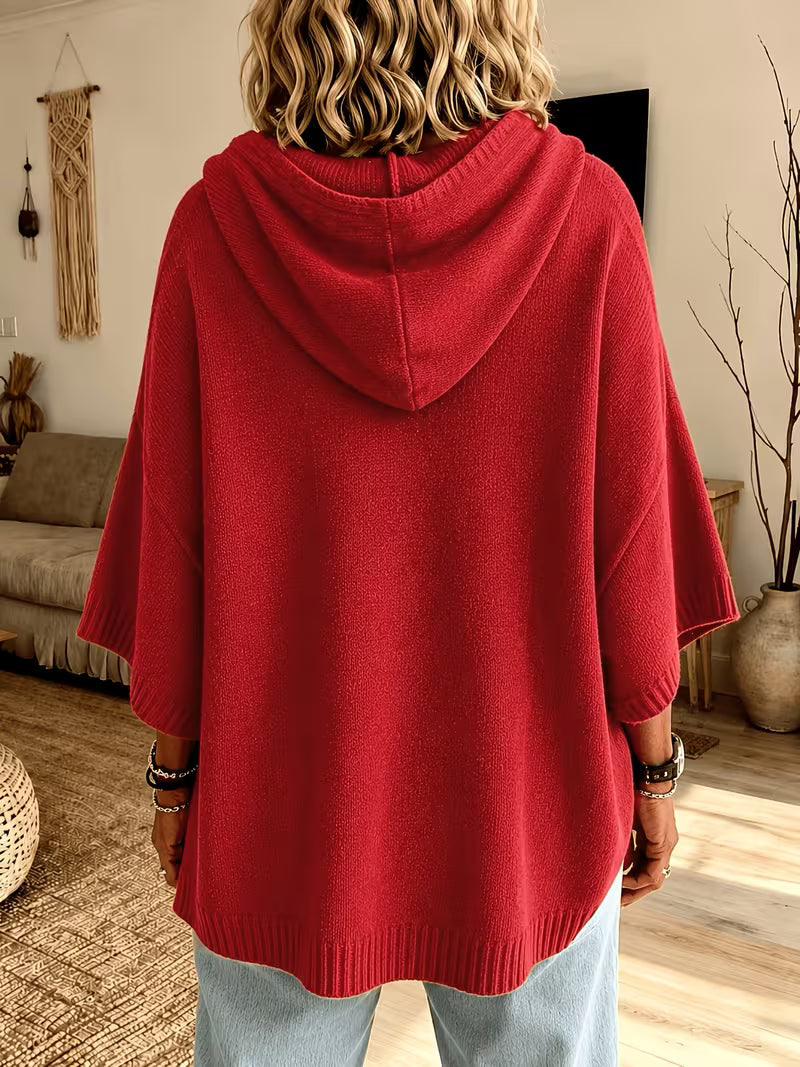 Hooded Drawstring Oversized Knit Poncho Sweater