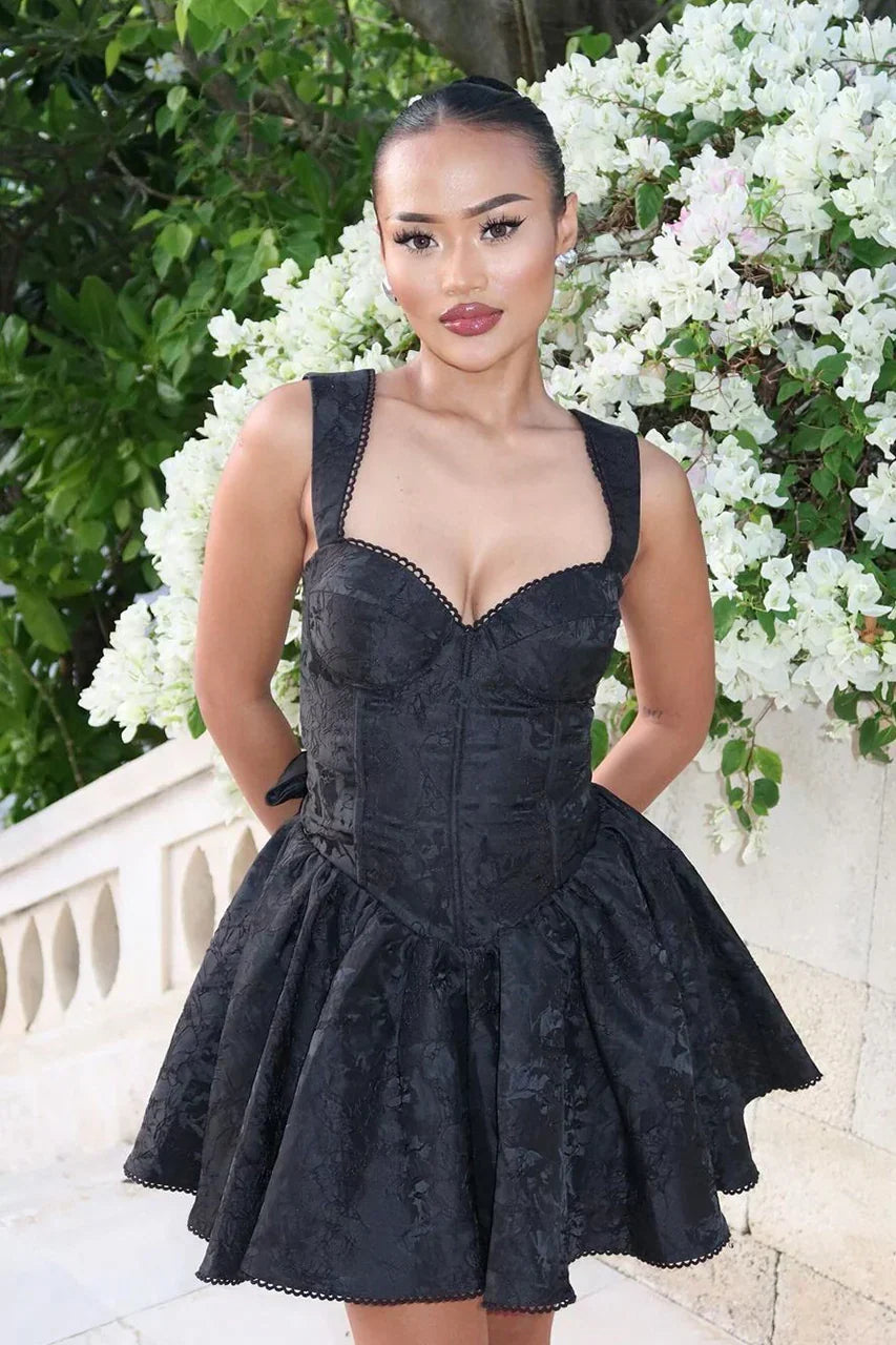 Jacquard Bustier Corset Bodice Picot Trim Full Skirt Mini Dress