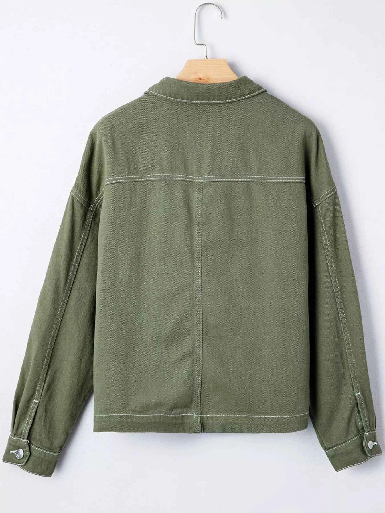 Patched Pocket Collared Button Front Boyfriend Denim Jacket