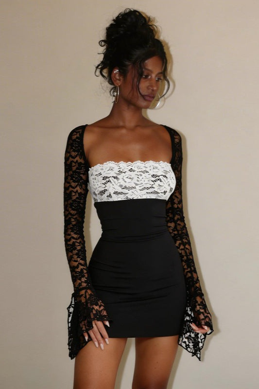 Lace Insert Strapless Long Sleeve Slim Short Lace Dress