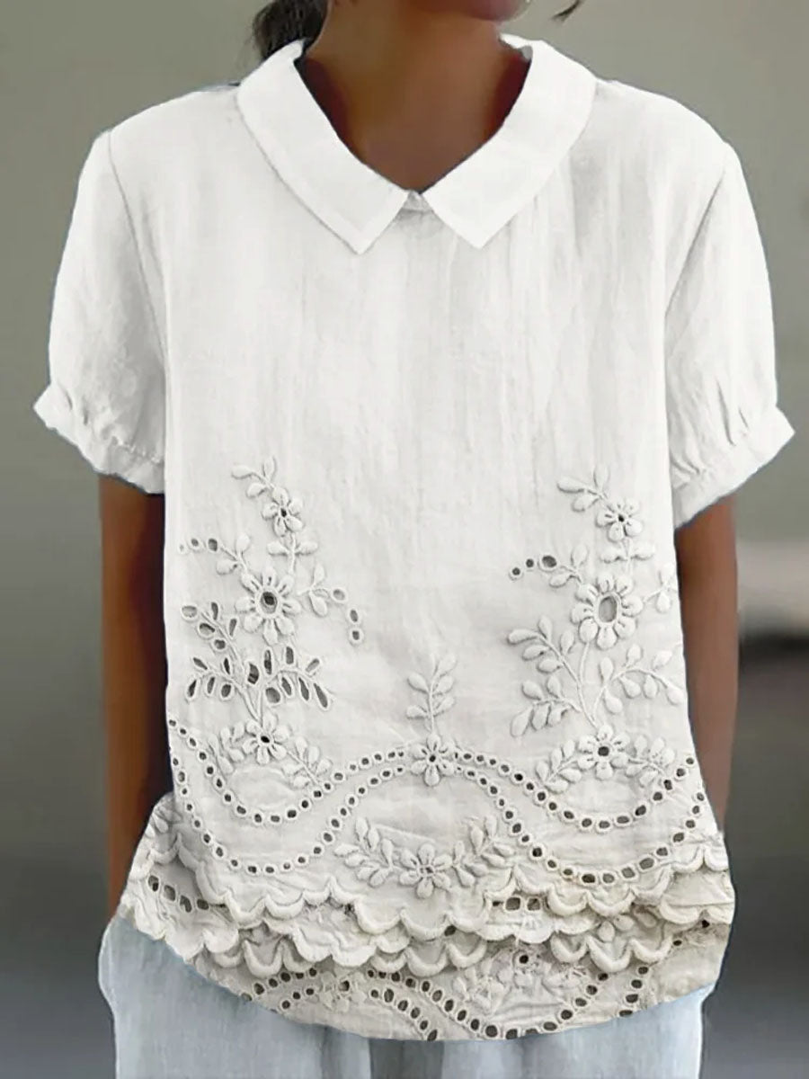 Collared Short Sleeve Eyelet Embroidered Scalloped Hem Blouse