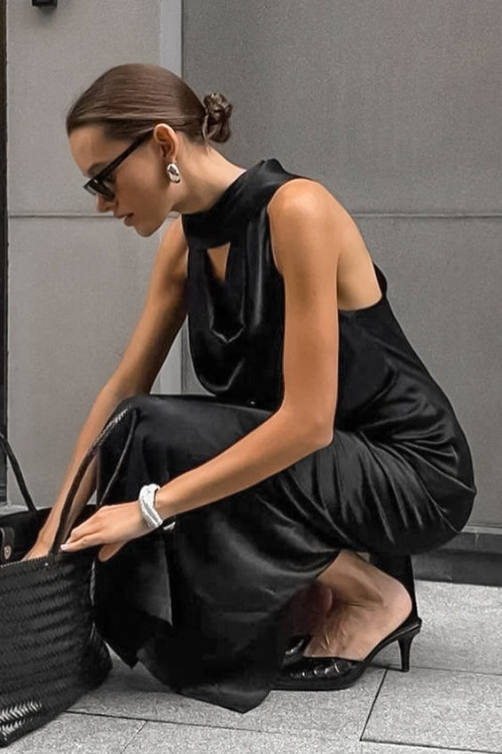 Black Satin Halter Maxi Dress - View 4