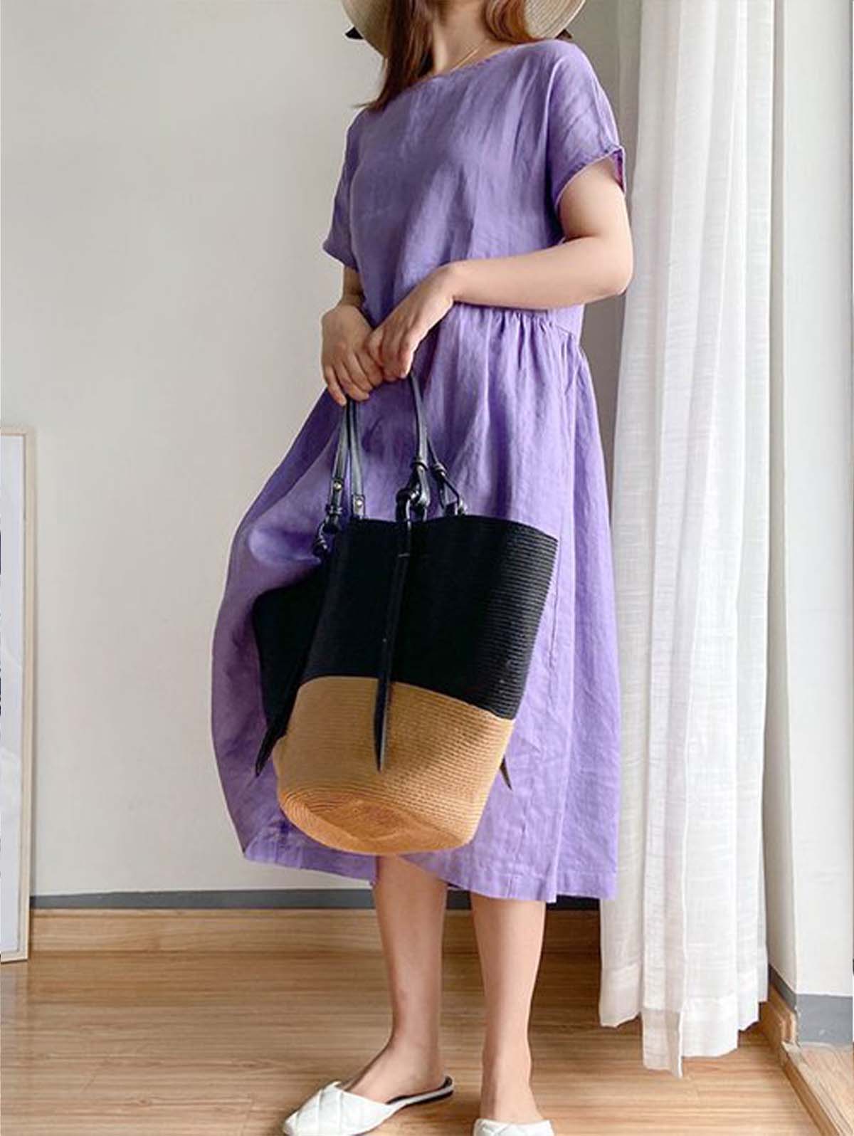 Round Neck Short Sleeve Gathered Empire Waist Pocket A-Line Midi Dress