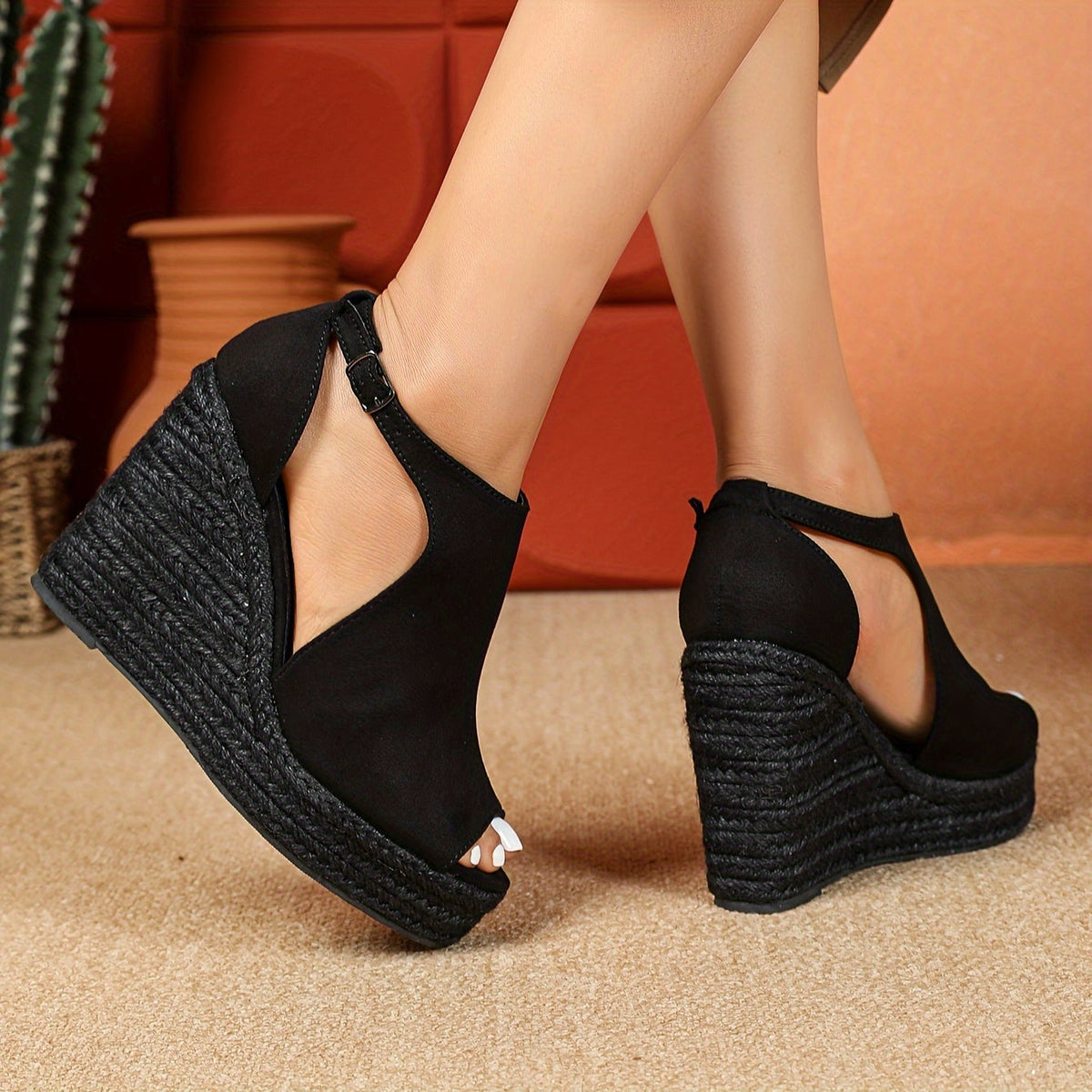 Peep Toe Cut Out Ankle Strap Espadrille Wedge Sandals