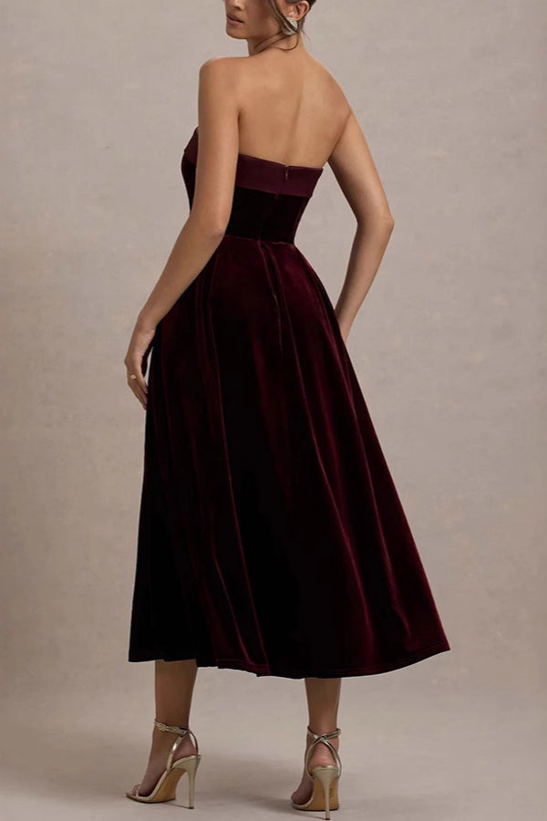 Velvet Strapless Fit and Flare A-Line Midi Dress