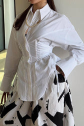 Double Ruched Tie Waist Slim Relaxed Fit Long Sleeve Blouse