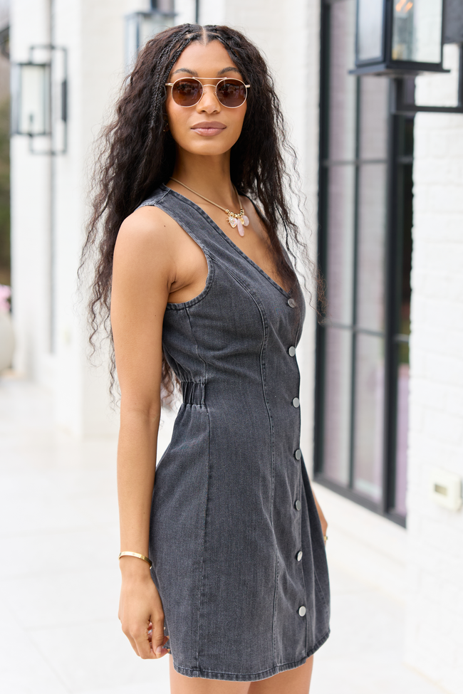 Denim-Look V-Neck Sleeveless Button Front Fitted Mini Dress 3
