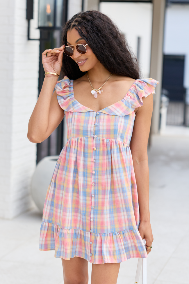 Plaid Ruffle Strap Button Front Babydoll Mini Dress