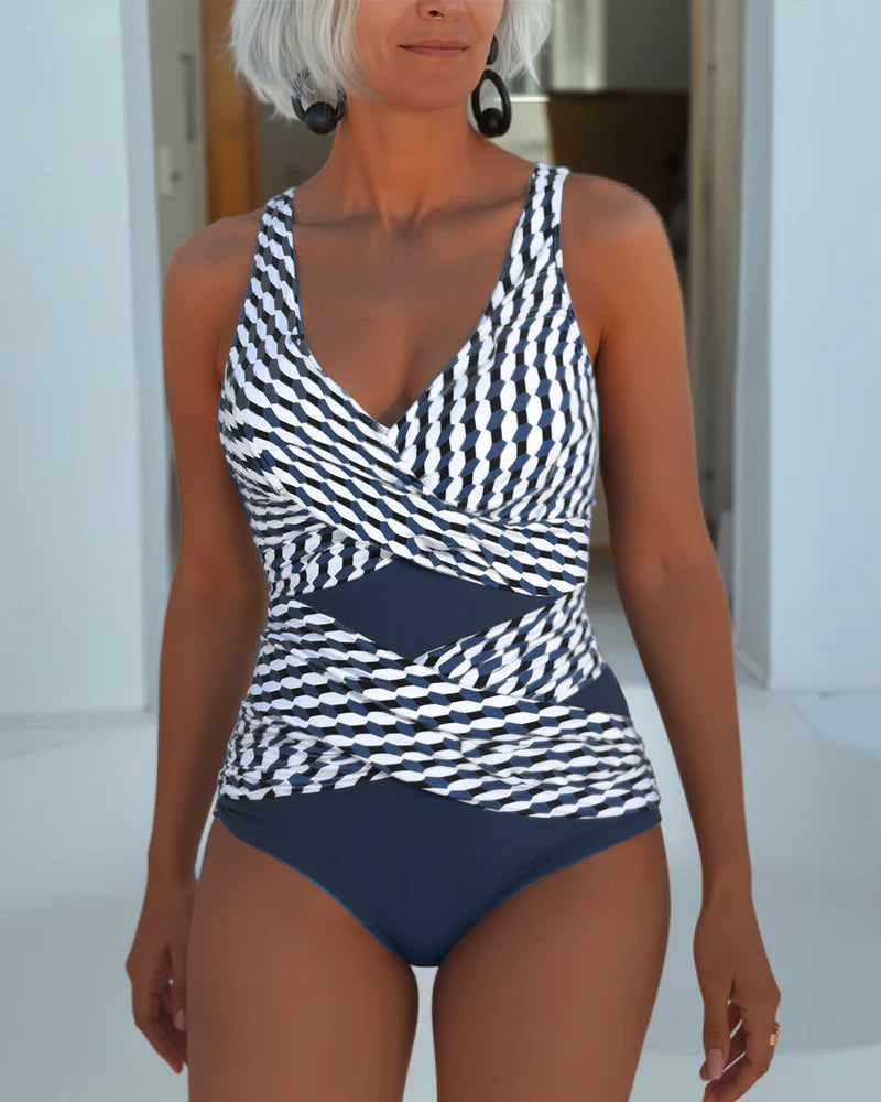 Geometric Print Cross Wrap Cut Out One Piece Swimsuit