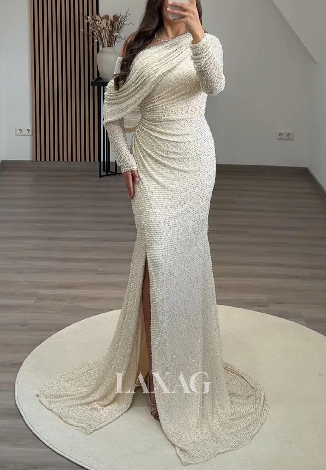 Long-Sleeves Asymmetrical-Neck Pleated Formal Gowns Fully Beaded Sweep Train Mermaid Evening Dress