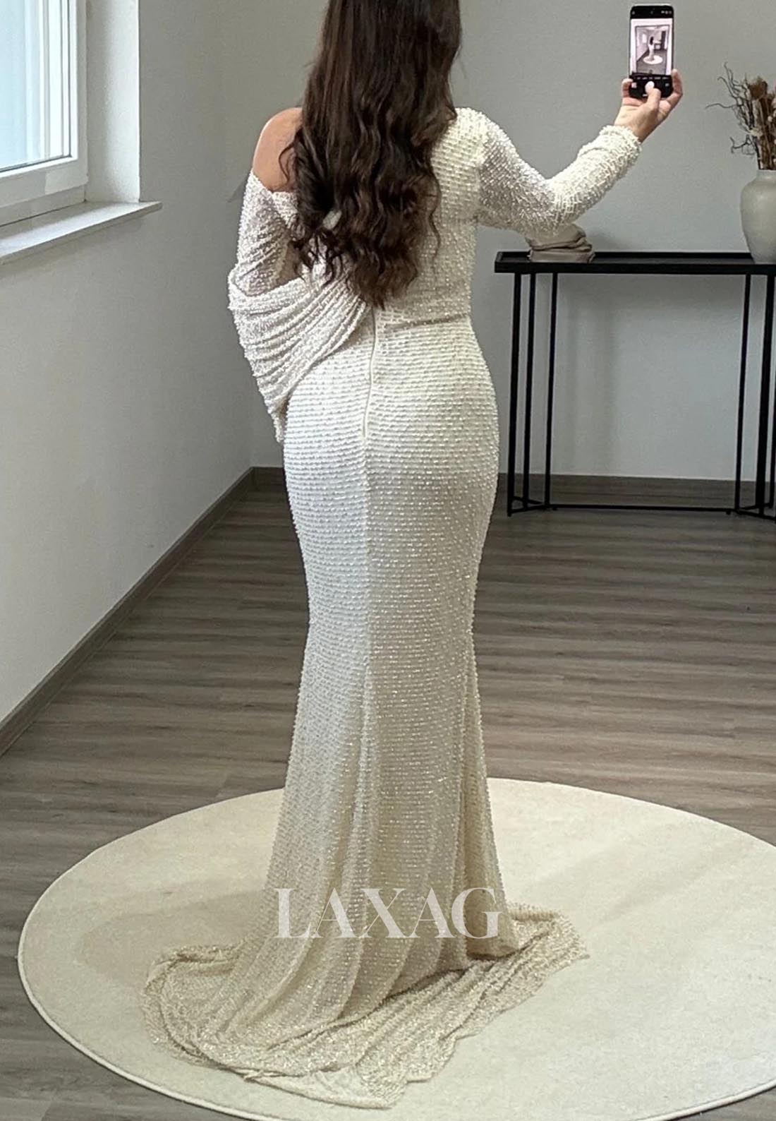 Long-Sleeves Asymmetrical-Neck Pleated Formal Gowns Fully Beaded Sweep Train Mermaid Evening Dress