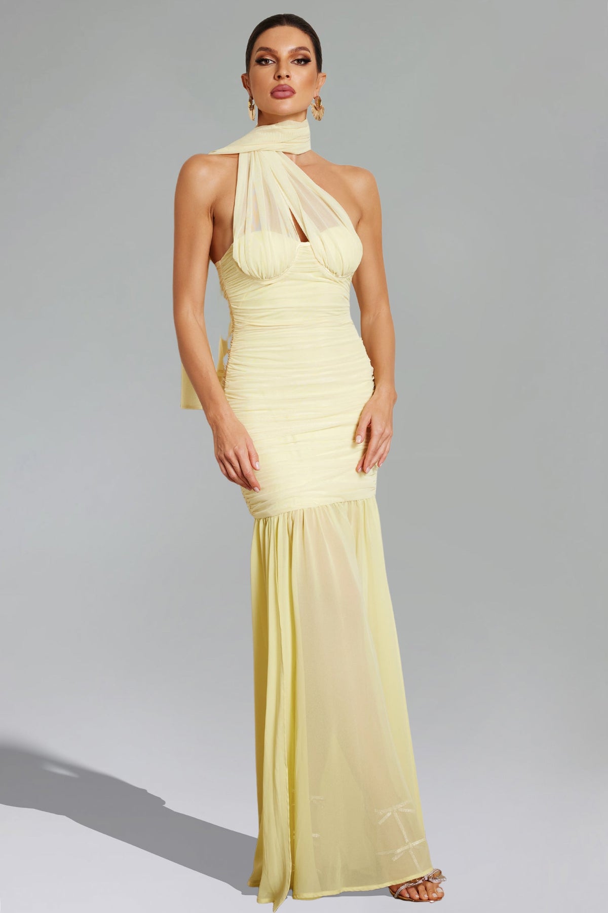Sheer Mesh Asymmetric Halter Neck Ruched Bodice Mermaid Maxi Dress 2