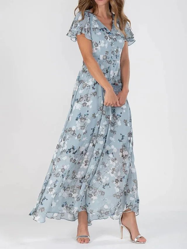 Floral V-Neck Flutter Sleeve Maxi Dress