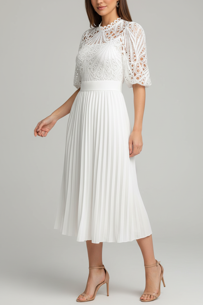 Elegant Pleated Lace Wedding Guest Dress with Cap Sleeves & Midi Lengt