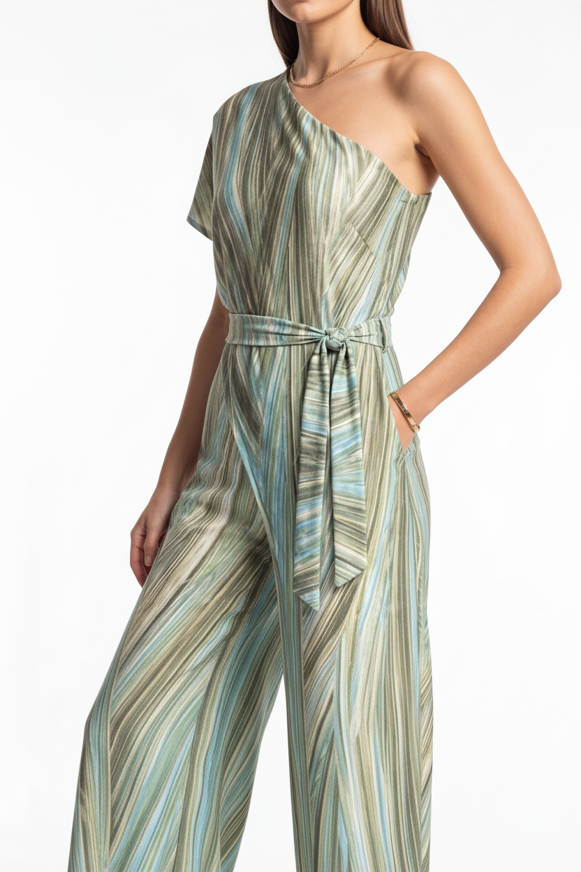 Elegant Abstract Print Wide Leg Jumpsuit with Pockets and Belted Waist