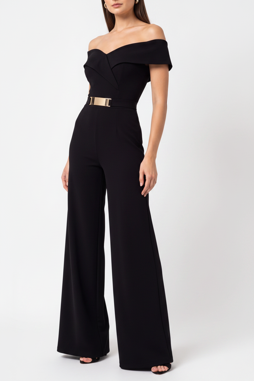 Women's Black Wide-Leg Off-Shoulder Jumpsuit for Cocktail Party & Wedding Guest