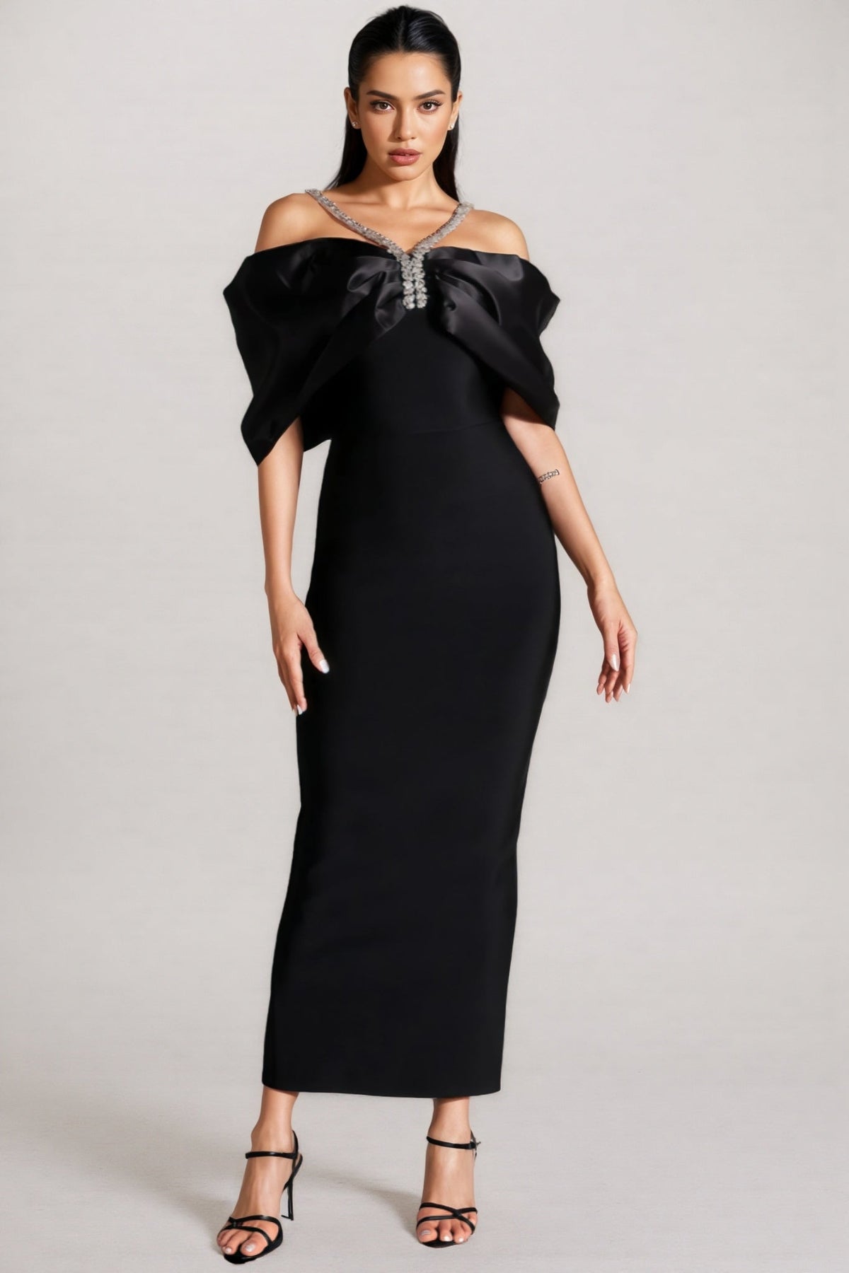 Off Shoulder Satin Bow Rhinestone Halter Strap Bodycon Maxi Dress 3