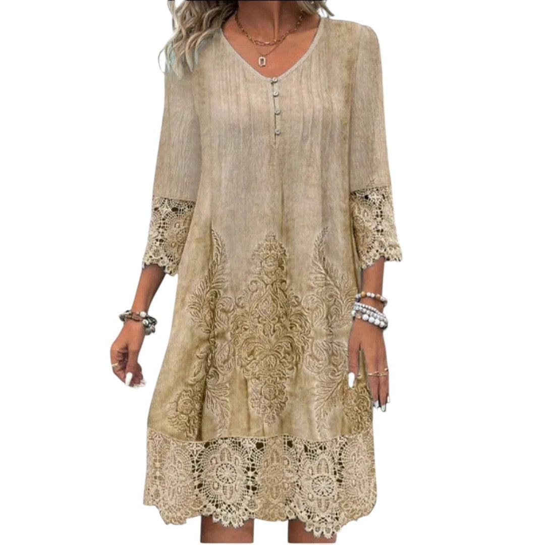 Alvinea™ | Lace-Trim A-Line Dress Beige