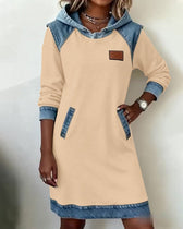 Hooded Long Sleeve Denim Patchwork Mini Dress Pocket 12